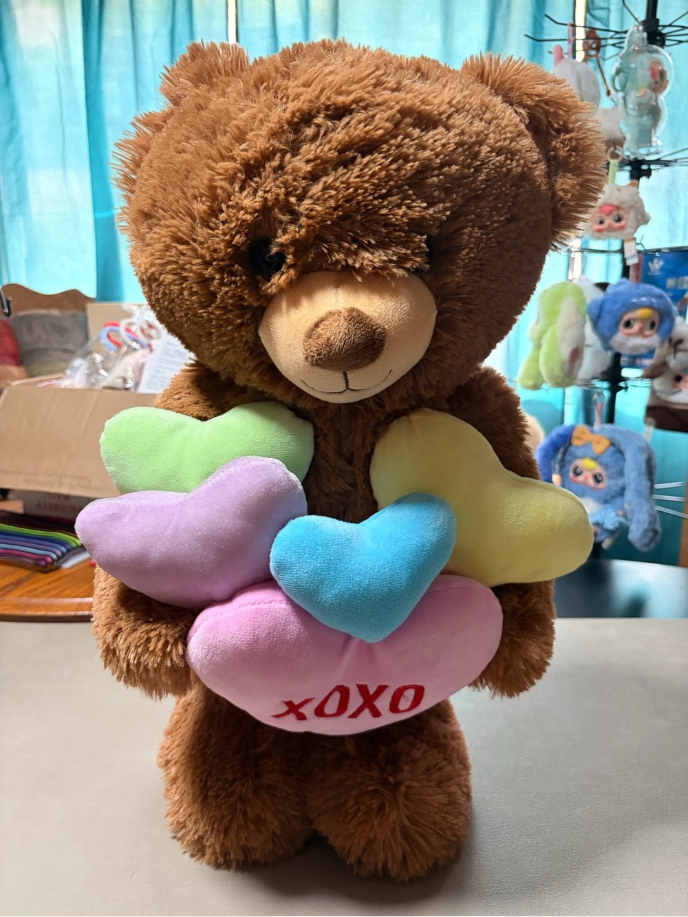 Candie's Brown Teddy Bear with Pastel Heart Cushions